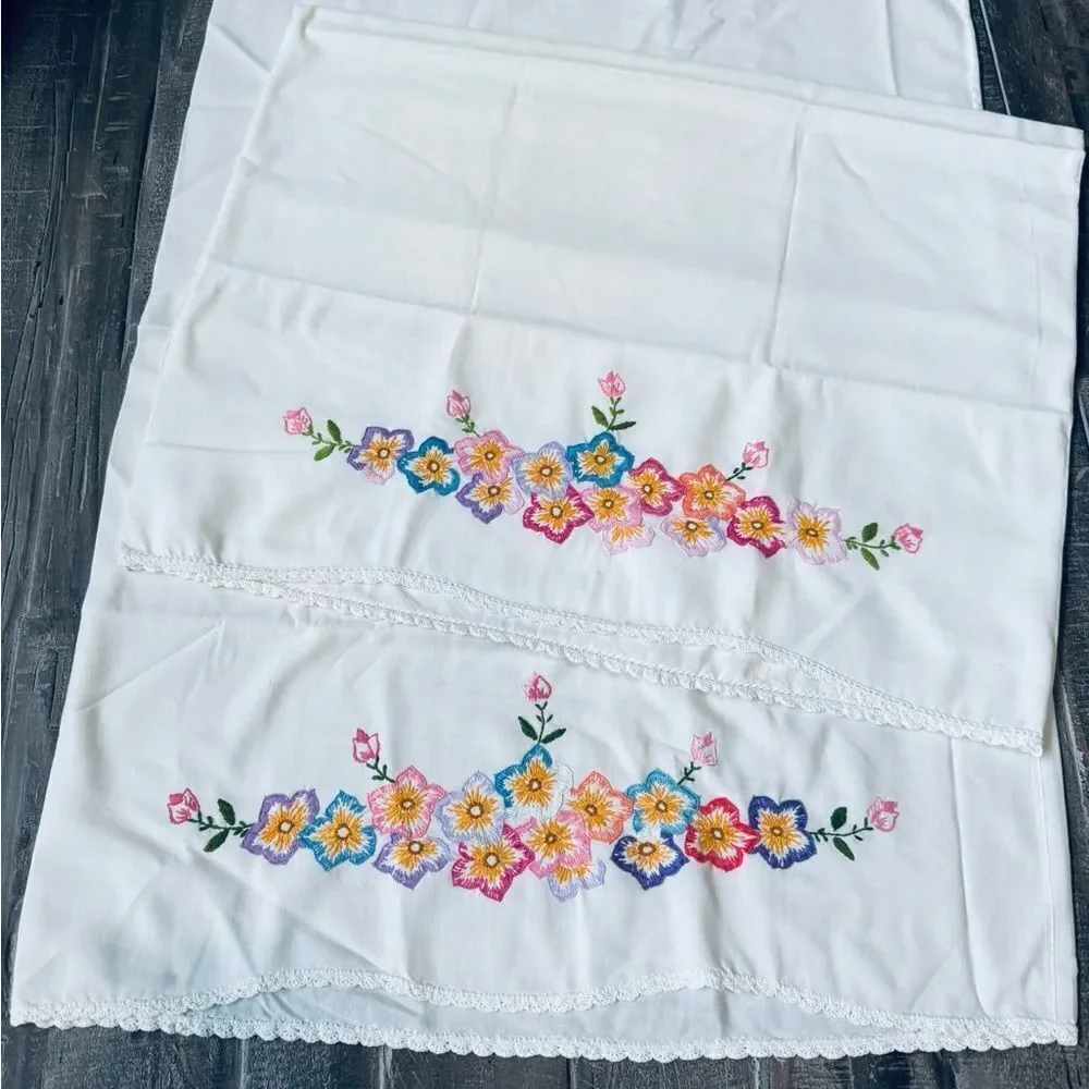 Vintage Antique Embroidered Floral Pillowcases Set